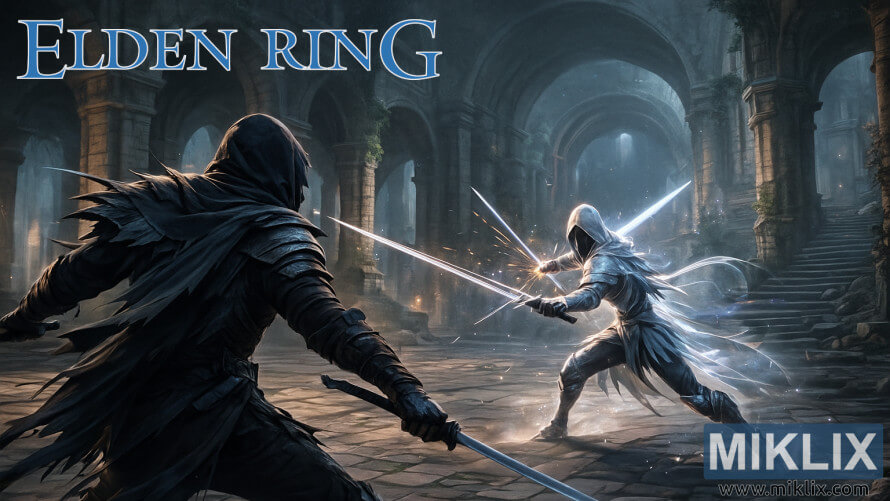 A Black Knife–clad warrior battles a glowing silver Mimic Tear inside a vast, decayed underground hall from Elden Ring.