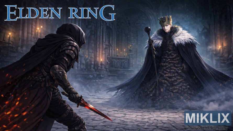 Dark fantasy fan art showing the Tarnished in Black Knife armor facing Count Ymir, Mother of Fingers, inside the mist-filled Cathedral of Manus Metyr before battle. Dark fantasy fan art showing the Tarnished in Black Knife armor facing Count Ymir, Mother of Fingers, inside the mist-filled Cathedral of Manus Metyr before battle.