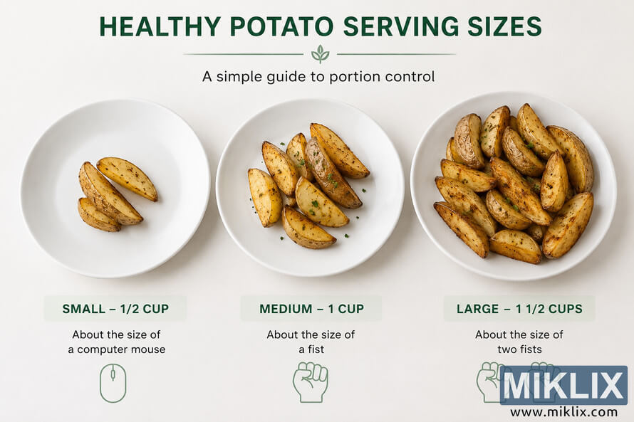 Educational infographic comparing three healthy roasted potato serving sizes on white plates. The image shows small (1/2 cup), medium (1 cup), and large (1 1/2 cups) portions with simple everyday size references using a computer mouse, one fist, and two fists to demonstrate portion control. Educational infographic comparing three healthy roasted potato serving sizes on white plates. The image shows small (1/2 cup), medium (1 cup), and large (1 1/2 cups) portions with simple everyday size references using a computer mouse, one fist, and two fists to demonstrate portion control.