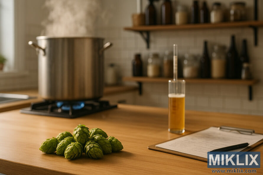 Tuisbrou-opstelling met vars Bravo-hop op 'n houttoonbank langs 'n stomende brouketel.