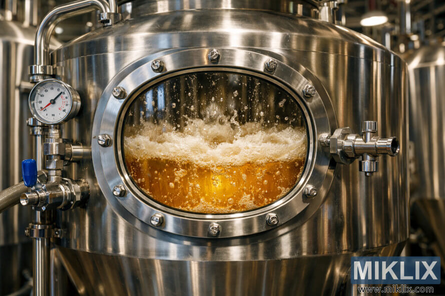 Close-up of a stainless steel fermentation tank with a circular glass window showing Czech lager actively fermenting with foamy krausen and rising bubbles in a commercial brewery. Close-up of a stainless steel fermentation tank with a circular glass window showing Czech lager actively fermenting with foamy krausen and rising bubbles in a commercial brewery.