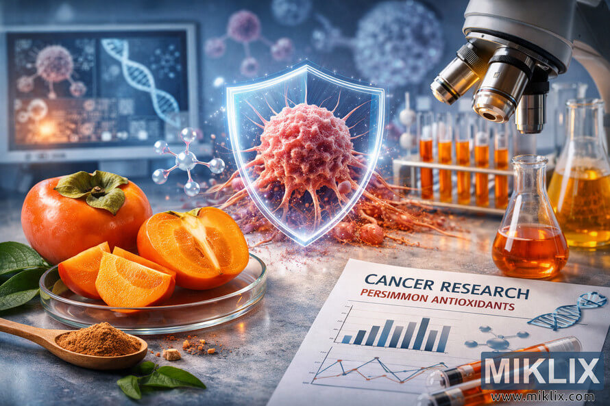 Scientific laboratory scene showing persimmon-based cancer prevention research. In the foreground, sliced persimmons rest on a glass petri dish beside a beaker of bright orange persimmon extract, a wooden spoon filled with persimmon powder, and fresh green leaves. At the center of the image, a pinkish-purple cancer cell model is surrounded by a glowing blue protective shield, with DNA double helix strands and molecular structures floating in the background. On the right, a metallic microscope, test tubes filled with orange liquid, and Erlenmeyer flasks containing orange and yellow solutions emphasize experimental work. A printed report titled "CANCER RESEARCH" and "PERSIMMON ANTIOXIDANTS" with graphs and a DNA illustration lies on the countertop, visually linking the natural fruit to advanced cancer prevention research, all under cool blue lighting contrasted with the warm hues of the persimmon materials.