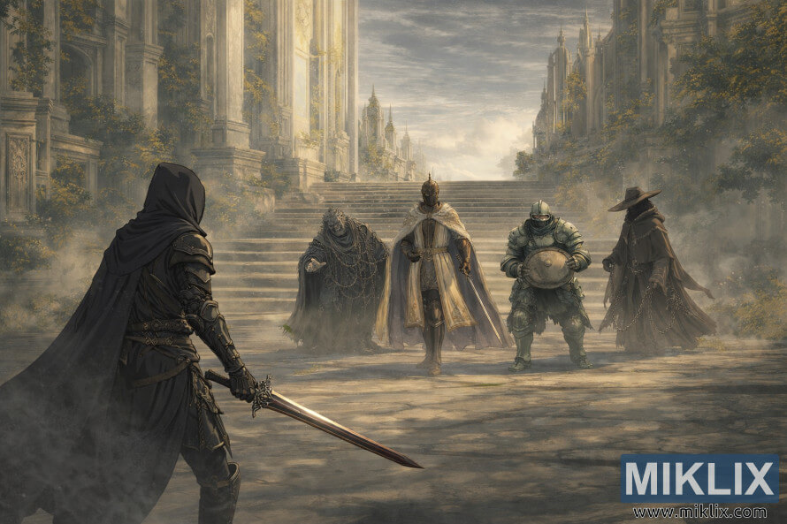Wide anime-style scene of the Tarnished wielding a sword while facing Leda, Hornsent, Moore, and Dryleaf Dane amid the golden ruins of Enir-Ilim before battle.