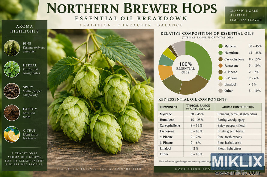 Landscape infographic titled âNorthern Brewer Hops â Essential Oil Breakdown,â featuring a large photograph of fresh green hop cones, aroma highlights for pine, herbal, spicy, earthy, and citrus characteristics, plus a donut chart and table showing representative essential-oil components and their typical ranges.