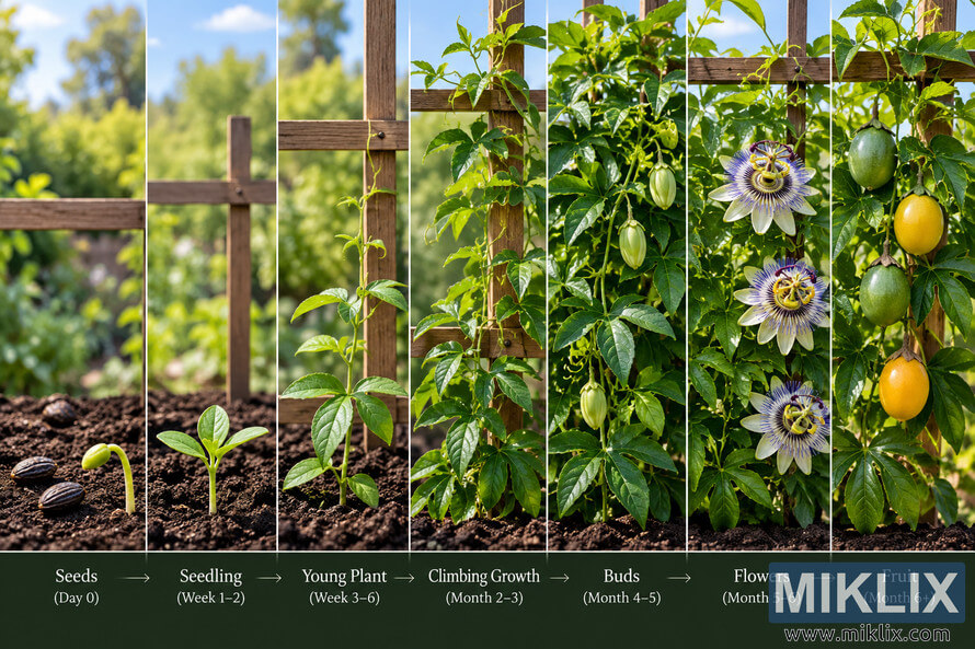 Passionflower growth timeline showing seeds, seedling, young plant, climbing vine, buds, purple-white flowers, and green to yellow fruit on a garden trellis. Passionflower growth timeline showing seeds, seedling, young plant, climbing vine, buds, purple-white flowers, and green to yellow fruit on a garden trellis.