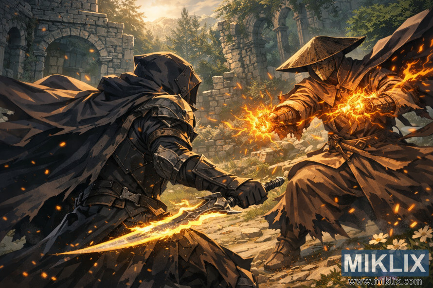 Arte de fan de estilo anime del Tarnished visto desde atrás con una armadura de Black Knife enfrentándose a Dryleaf Dane en medio de los arcos en ruinas de Moorth Ruins, con chispas y llamas estallando entre ellos. Arte de fan de estilo anime del Tarnished visto desde atrás con una armadura de Black Knife enfrentándose a Dryleaf Dane en medio de los arcos en ruinas de Moorth Ruins, con chispas y llamas estallando entre ellos.