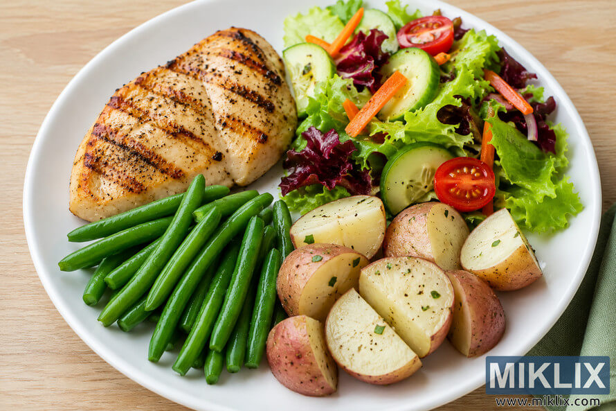 A balanced meal on a white plate featuring grilled chicken breast, a moderate portion of red-skinned potatoes, green beans, and a fresh mixed salad with lettuce, cucumber, cherry tomatoes, and carrots, photographed from a slightly angled top-down view on a light wooden table. A balanced meal on a white plate featuring grilled chicken breast, a moderate portion of red-skinned potatoes, green beans, and a fresh mixed salad with lettuce, cucumber, cherry tomatoes, and carrots, photographed from a slightly angled top-down view on a light wooden table.