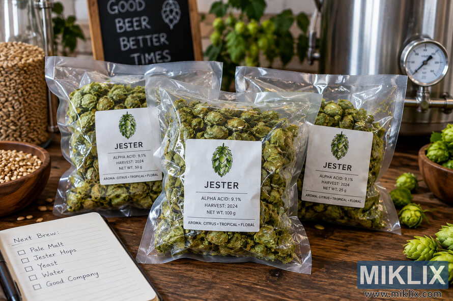 Three clear vacuum-sealed bags of Jester hops arranged on a rustic wooden homebrewing table, surrounded by hop cones, malt grains, brewing equipment, a chalkboard, and a handwritten brew checklist. Three clear vacuum-sealed bags of Jester hops arranged on a rustic wooden homebrewing table, surrounded by hop cones, malt grains, brewing equipment, a chalkboard, and a handwritten brew checklist.
