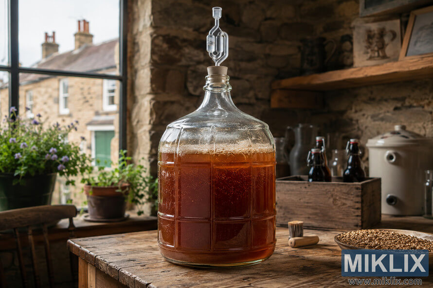 Glass carboy filled with fermenting amber ale on a rustic wooden table inside a traditional Yorkshire-style homebrewing kitchen with stone walls, natural window light, brewing tools, barley grains, and warm countryside atmosphere.