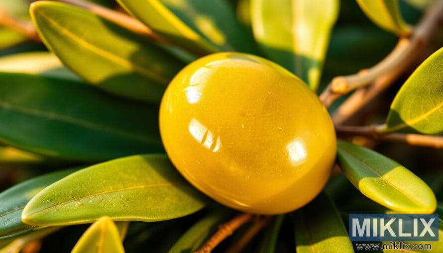 Close-up of a glistening green olive on fresh leaves, symbolizing nutrition benefits.