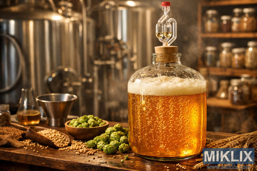 A warm, detailed brewery scene featuring a glass fermenter of golden beer actively fermenting, surrounded by hops, barley, and brewing equipment. A warm, detailed brewery scene featuring a glass fermenter of golden beer actively fermenting, surrounded by hops, barley, and brewing equipment.
