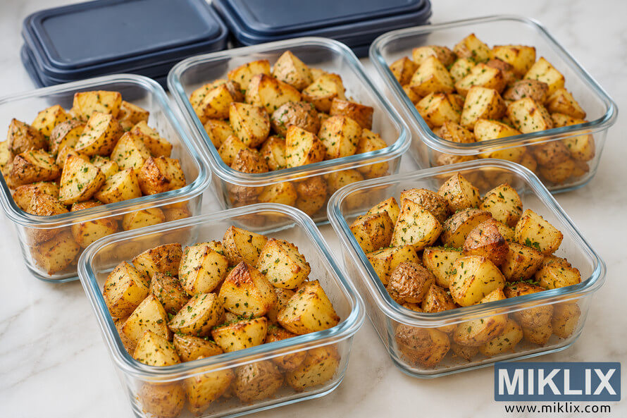 Several clear glass food storage containers filled with golden roasted potato chunks are neatly arranged on a light countertop, with stacked lids in the background, illustrating organized batch cooking and meal preparation. Several clear glass food storage containers filled with golden roasted potato chunks are neatly arranged on a light countertop, with stacked lids in the background, illustrating organized batch cooking and meal preparation.