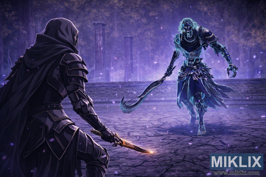 Anime style fan art showing the Tarnished in Black Knife armor from behind facing the Ancient Hero of Zamor in a glowing Evergaol arena before combat.