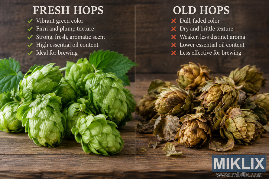 Side-by-side comparison of fresh and old hops on a rustic wooden surface. Bright green, plump fresh hop cones with healthy leaves appear beneath green check marks, while faded brown, dry and brittle old hop cones appear beneath orange-red X marks. Side-by-side comparison of fresh and old hops on a rustic wooden surface. Bright green, plump fresh hop cones with healthy leaves appear beneath green check marks, while faded brown, dry and brittle old hop cones appear beneath orange-red X marks.
