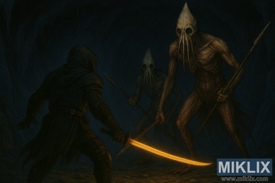 Arte de fan realista de Elden Ring de los Deslucidos enfrentÃ¡ndose a dos VÃ¡stagos de la Podredumbre en una caverna.