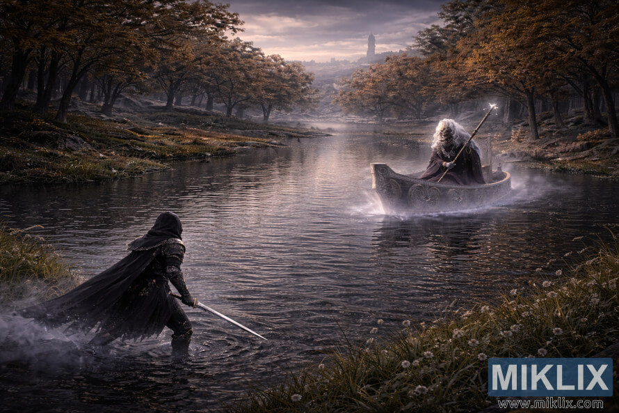 Opera fantasy semi-realistica incentrata sul paesaggio che mostra l'armatura Tarnished in Black Knife che brandisce una spada sulla sinistra, di fronte al Tibia Mariner su una barca spettrale attraverso un lago nebbioso nella Liurnia orientale dei laghi, vista da un'angolazione isometrica elevata.