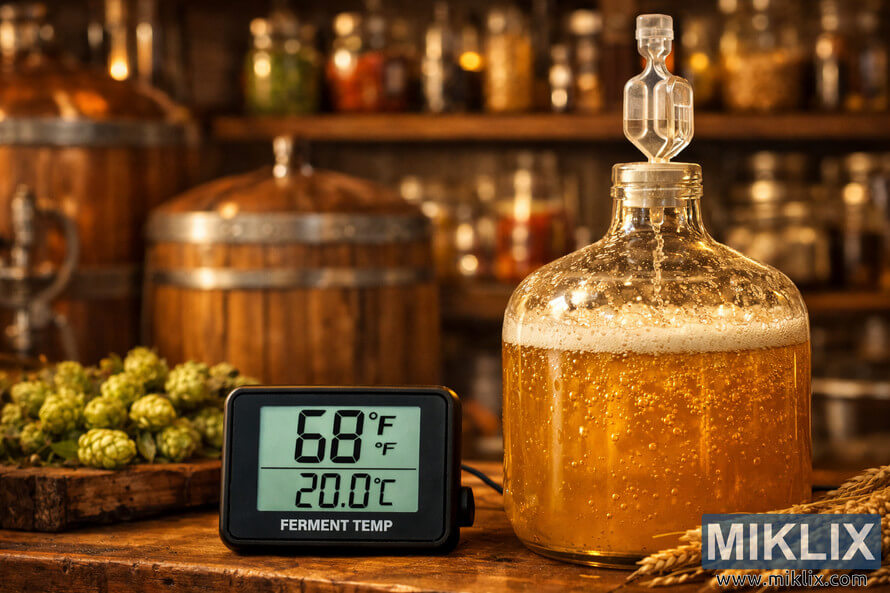 A warm brewery scene showing a glass carboy of golden wort and a digital thermometer reading 68Â°F (20Â°C), surrounded by hops, barley, and wooden fermentation tanks under soft ambient lighting.