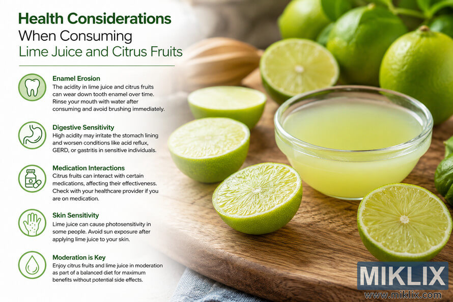 Landscape infographic showing fresh whole and sliced limes, a glass bowl of lime juice on a wooden cutting board, and a text panel explaining key health considerations when consuming lime juice and citrus fruits, including enamel erosion, digestive sensitivity, medication interactions, skin sensitivity, and the importance of moderation.