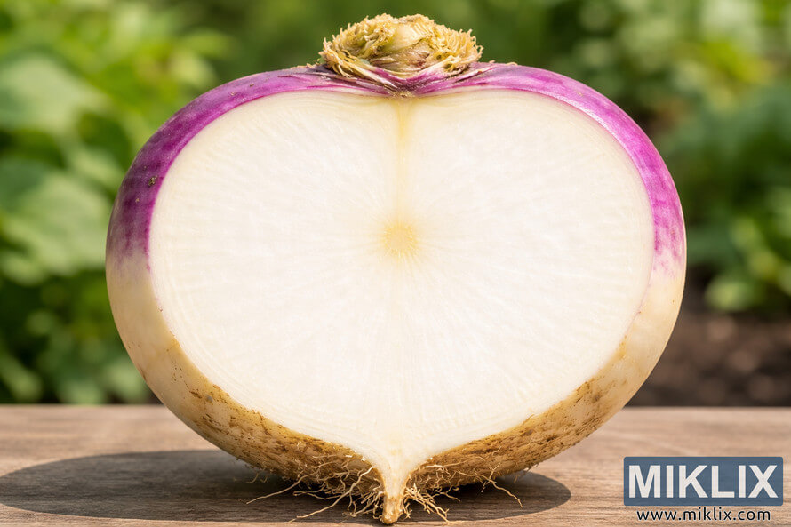 Cross-section of a healthy turnip root with smooth white interior and purple skin against a blurred garden background.