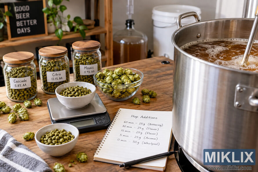 Landscape photo of a homebrewing setup with a stainless steel kettle of amber wort, generic jars of Cascade, Citra, and Mosaic hop pellets, whole hop cones, a digital scale, measured hop portions, and an open notebook showing a timed hop-addition schedule. Landscape photo of a homebrewing setup with a stainless steel kettle of amber wort, generic jars of Cascade, Citra, and Mosaic hop pellets, whole hop cones, a digital scale, measured hop portions, and an open notebook showing a timed hop-addition schedule.