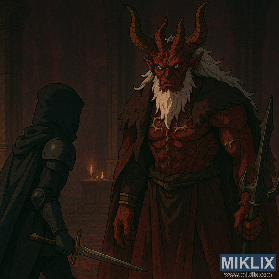 Mohgwyn နန်းတော်၏ သွေးနီရဲရဲခန်းမများတွင် အမည်းရောင်ဓားလုပ်ကြံသတ်ဖြတ်သူရှေ့တွင် ဟန်ဆောင်ကာရပ်နေသော Mohg သည် သွေးသခင်ကိုပြသထားသည့် Anime ပုံစံမြင်ကွင်း။