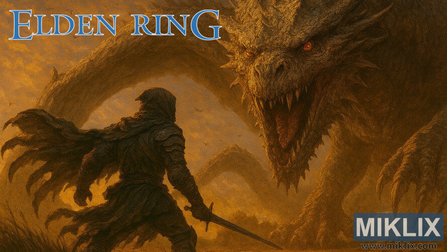 Fan art of a Tarnished warrior in Black Knife armor confronting Elder Dragon Greyoll in Dragonbarrow from Elden Ring, with logo and branding present. Fan art of a Tarnished warrior in Black Knife armor confronting Elder Dragon Greyoll in Dragonbarrow from Elden Ring, with logo and branding present.
