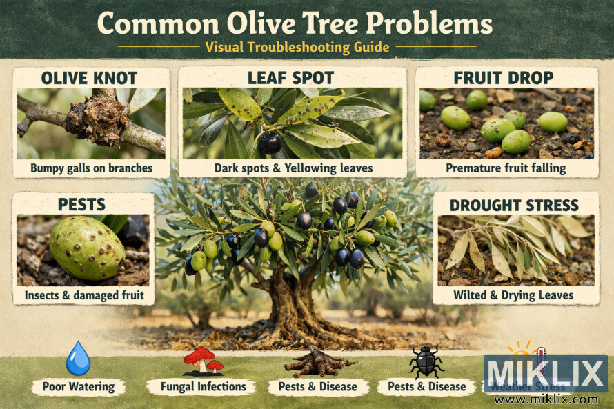 Infographic showing common olive tree problems including olive knot, leaf spot, fruit drop, pests, and drought stress with photos and icons for troubleshooting. Infographic showing common olive tree problems including olive knot, leaf spot, fruit drop, pests, and drought stress with photos and icons for troubleshooting.
