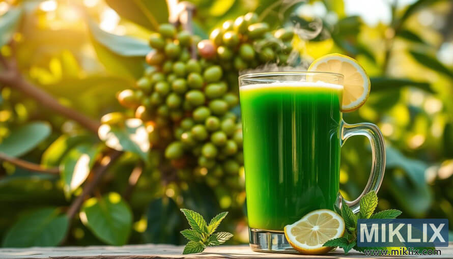 Zelena biljka kave sa zrelim zrnima i ÄaÅ¡om vruÄeg napitka od zelene kave.