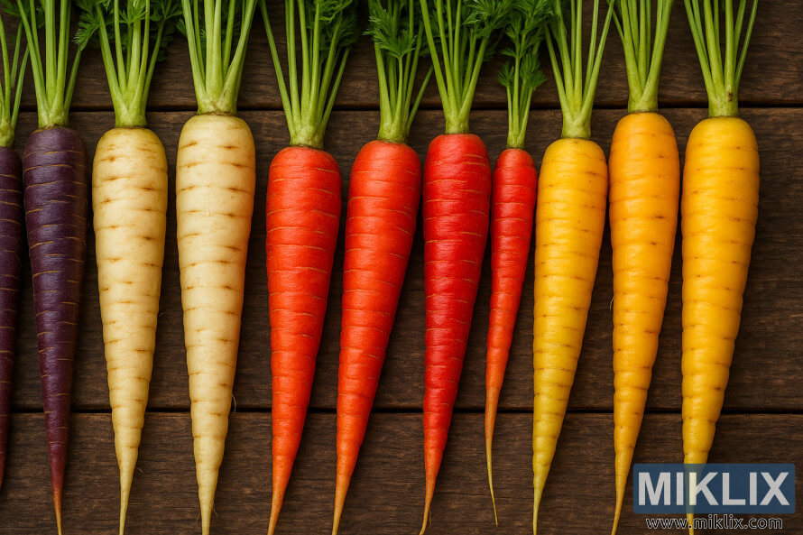 Una hilera de zanahorias moradas, blancas, rojas y amarillas reciÃ©n cosechadas, dispuestas sobre una superficie de madera.