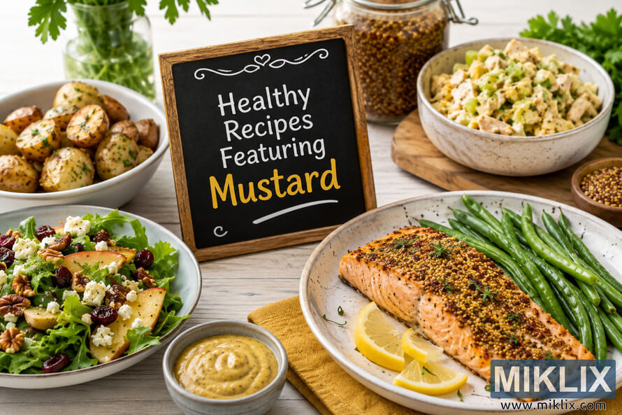 A rustic food photography scene featuring healthy mustard-inspired recipes including herb-crusted salmon with green beans, a fresh salad with fruit and cheese, roasted potatoes, creamy mustard dressing, and a chalkboard sign reading 'Healthy Recipes Featuring Mustard' arranged on a light wooden table. A rustic food photography scene featuring healthy mustard-inspired recipes including herb-crusted salmon with green beans, a fresh salad with fruit and cheese, roasted potatoes, creamy mustard dressing, and a chalkboard sign reading 'Healthy Recipes Featuring Mustard' arranged on a light wooden table.