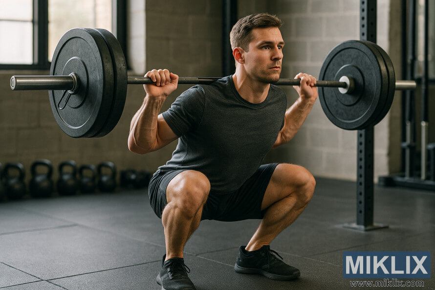 Athletic man performing a barbell squat in a modern gym with squat rack and kettlebells.