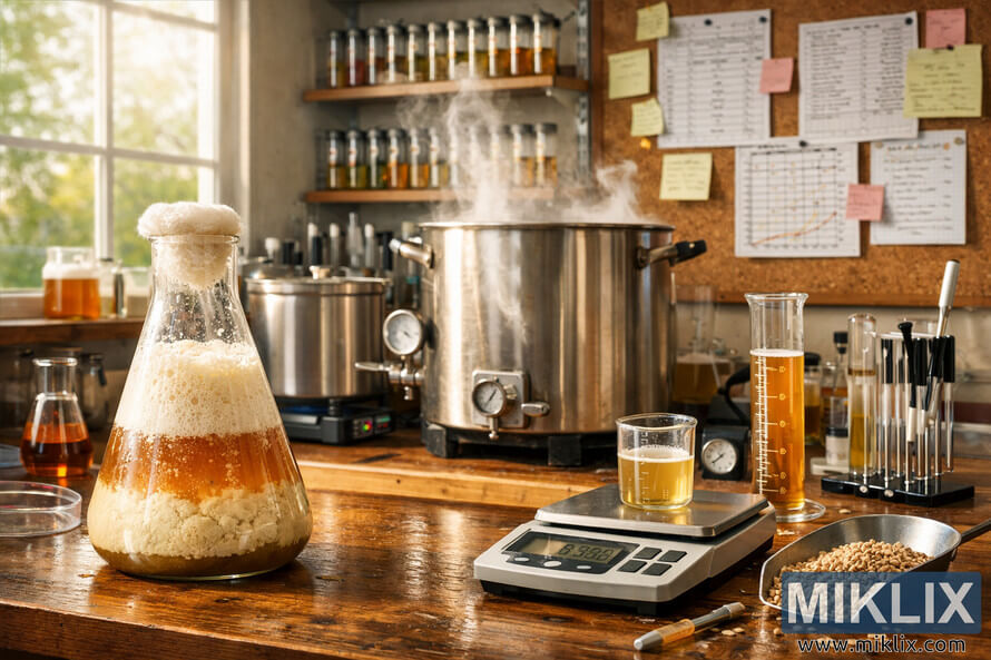 A detailed landscape photo of a beer brewing laboratory with a frothy yeast flask, stainless steel kettle emitting steam, precise measuring tools, and shelves of yeast vials illuminated by natural light. A detailed landscape photo of a beer brewing laboratory with a frothy yeast flask, stainless steel kettle emitting steam, precise measuring tools, and shelves of yeast vials illuminated by natural light.