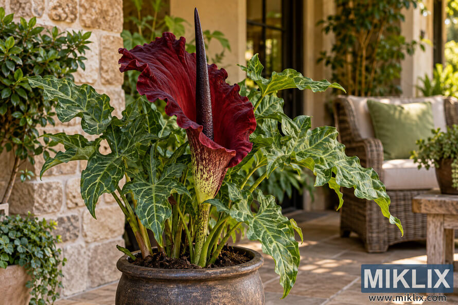 Large potted plant with veined green leaves and a dramatic burgundy flower on a warm, sheltered stone patio with wicker seating.