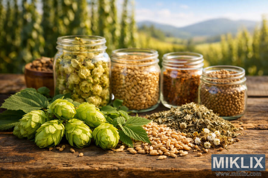 Close-up of hop cones, grains, herbs, and glass jars of brewing ingredients on a rustic wooden table with a blurred hop field in the background.