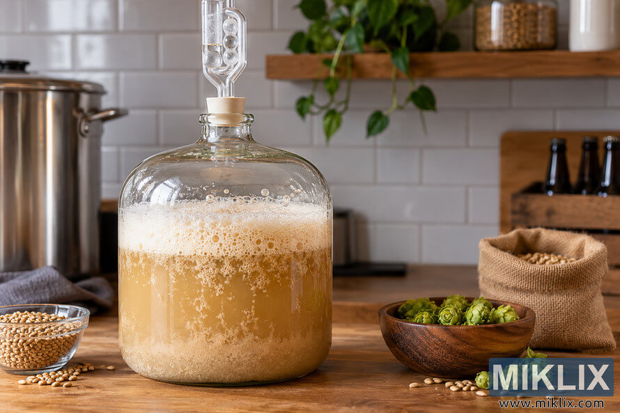 Glass carboy with actively fermenting golden beer starter, foamy yeast, bubbles and airlock, surrounded by hops, grain and brewing equipment. Glass carboy with actively fermenting golden beer starter, foamy yeast, bubbles and airlock, surrounded by hops, grain and brewing equipment.