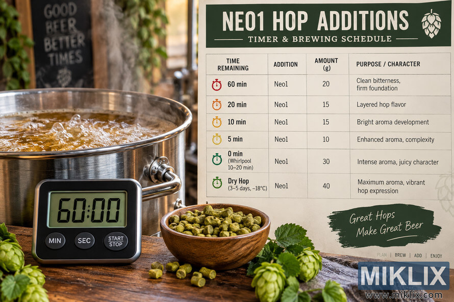 Landscape brewing scene with a 60-minute digital timer, boiling wort, hop pellets and cones, and a Neo1 hop-addition schedule infographic.
