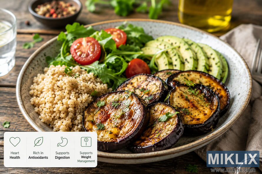 A vibrant healthy meal featuring grilled eggplant slices, quinoa, avocado, cherry tomatoes, and fresh greens served in a rustic ceramic bowl on a wooden table with wellness benefit icons displayed in the corner. A vibrant healthy meal featuring grilled eggplant slices, quinoa, avocado, cherry tomatoes, and fresh greens served in a rustic ceramic bowl on a wooden table with wellness benefit icons displayed in the corner.