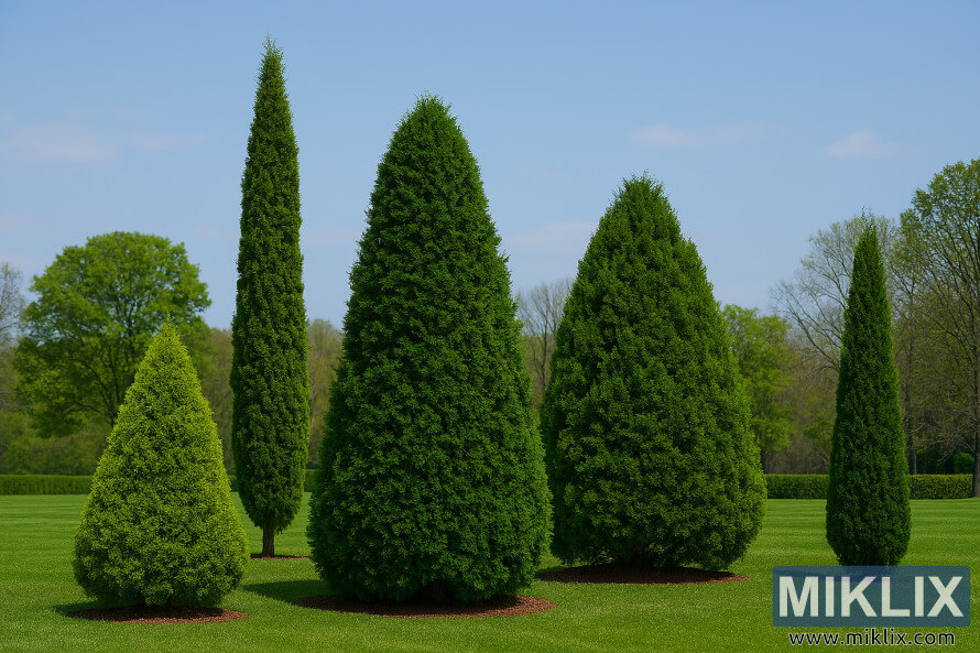 Cinq arbres Arborvitae de tailles et formes variÃ©es, disposÃ©s cÃ´te Ã  cÃ´te sur une pelouse pour une comparaison visuelle