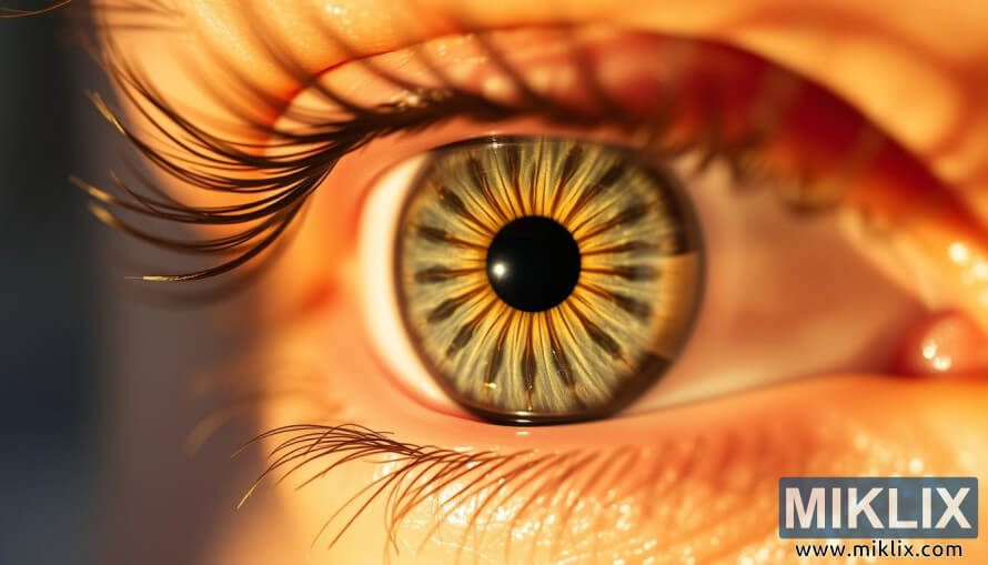 BliÅ¾nji posnetek soncem obsijanega ÄloveÅ¡kega oÄesa z zeleno-modro-leÅ¡nikovo Å¡arenico, ostrimi vzorci, natanÄno doloÄeno zenico, mehko zamegljenim ozadjem.