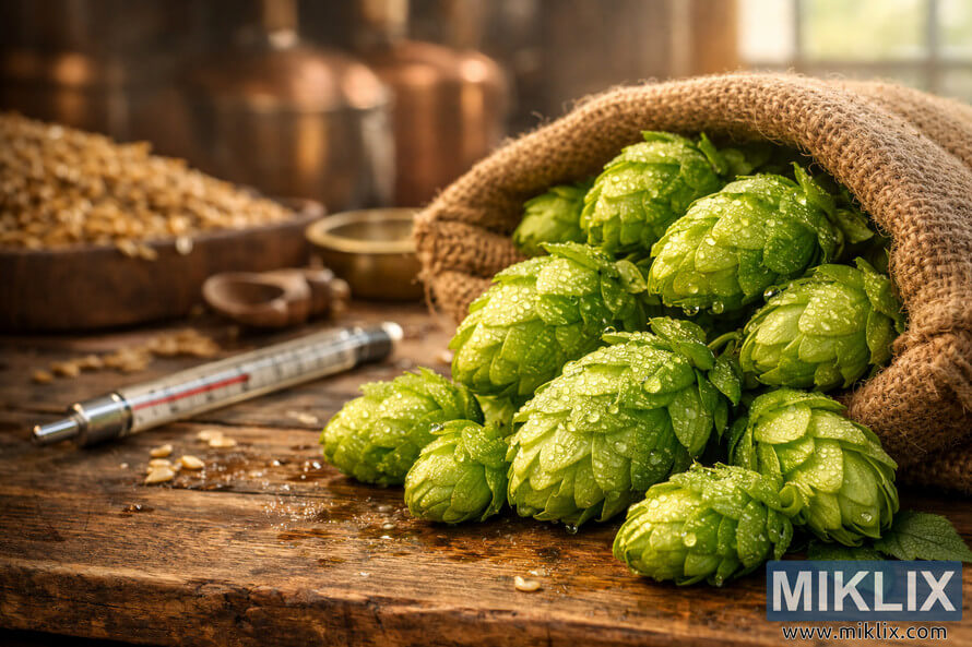 Close-up of fresh green hop cones spilling from a burlap sack onto a weathered wooden brewing table, with dewdrops glistening on the hops. Close-up of fresh green hop cones spilling from a burlap sack onto a weathered wooden brewing table, with dewdrops glistening on the hops.