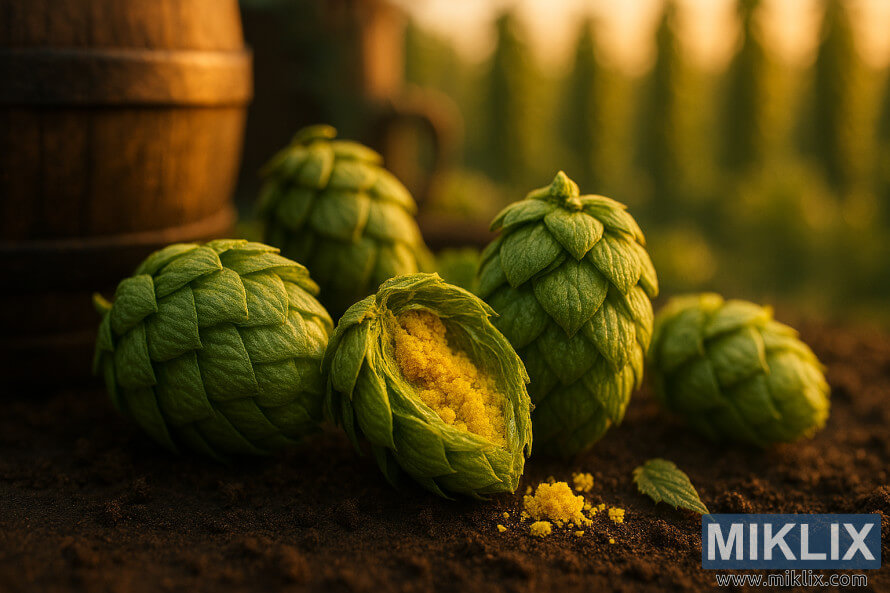 Landscape close-up of Northern Brewer hop cones on dark soil, with one cone split open to reveal bright yellow lupulin, an aged wooden brewing barrel in soft focus, and a verdant hop field glowing in warm golden-hour light.