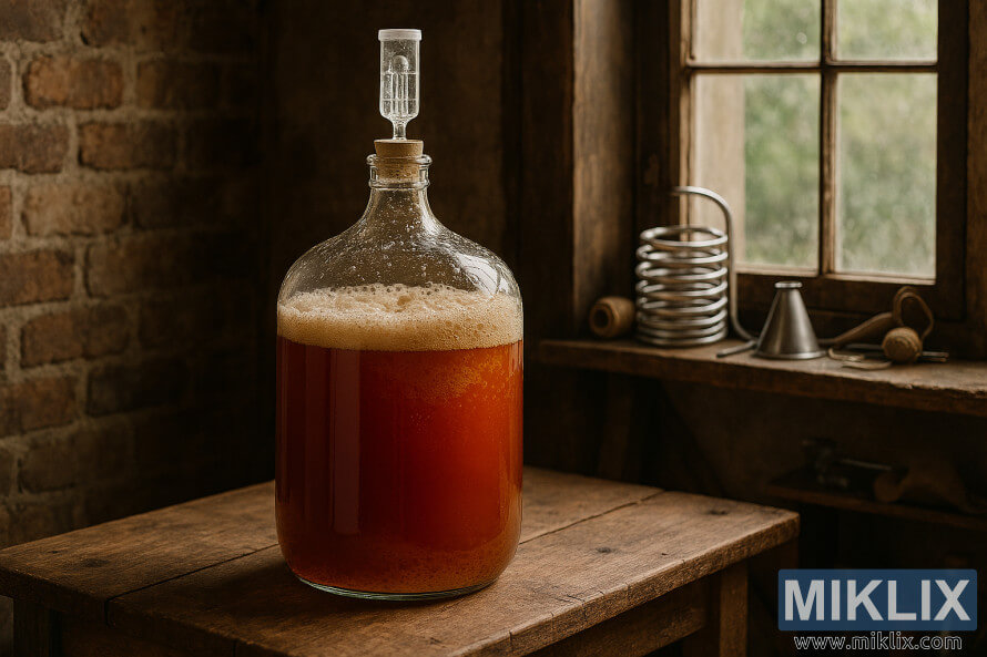 Dame-jeanne en verre contenant de la bière acidulée en fermentation sur une table en bois dans une salle de brassage amateur rustique Dame-jeanne en verre contenant de la bière acidulée en fermentation sur une table en bois dans une salle de brassage amateur rustique