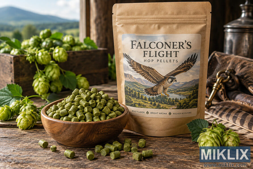 Rustic still life of green hop pellets in a wooden bowl beside a kraft paper pouch labeled Falconer's Flight Hop Pellets, surrounded by fresh hop cones on a weathered wooden table. Rustic still life of green hop pellets in a wooden bowl beside a kraft paper pouch labeled Falconer's Flight Hop Pellets, surrounded by fresh hop cones on a weathered wooden table.
