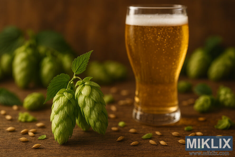 Amakhoni e-hop e-Strisselspalt kanye nengilazi yobhiya wegolide etafuleni lokhuni lasendulo Amakhoni e-hop e-Strisselspalt kanye nengilazi yobhiya wegolide etafuleni lokhuni lasendulo