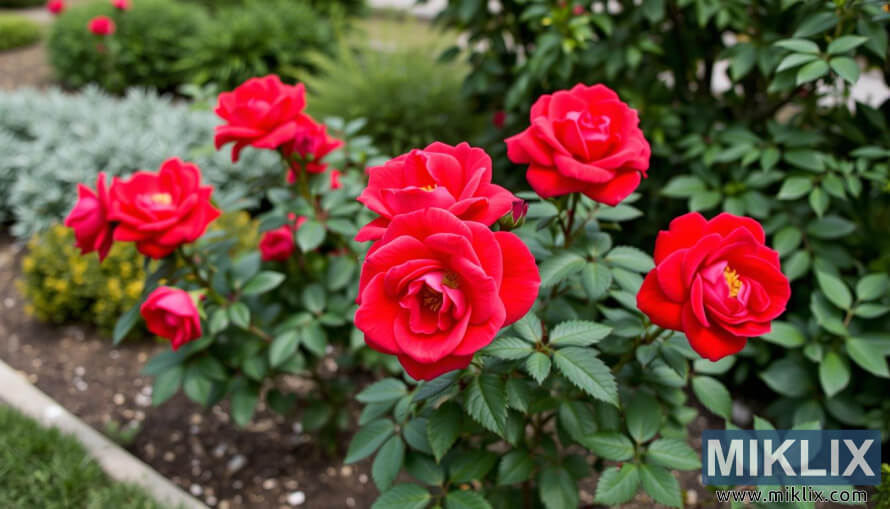 Grappe de roses rouge foncÃ© en pleine floraison avec des feuilles vertes dans un jardin.