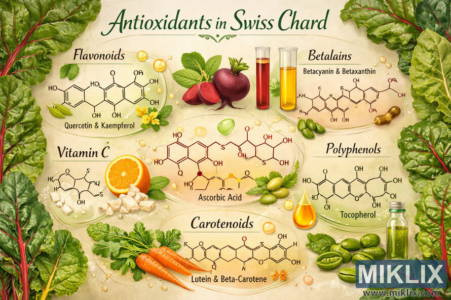 Scientific illustration showing antioxidant molecules in Swiss chard, with labeled sections for flavonoids, betalains, vitamins C and E, carotenoids, and polyphenols. Scientific illustration showing antioxidant molecules in Swiss chard, with labeled sections for flavonoids, betalains, vitamins C and E, carotenoids, and polyphenols.