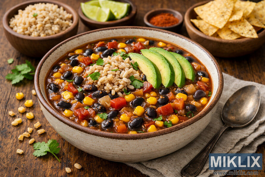 Landscape photo of a rustic off-white ceramic bowl with a brown rim filled with black bean and corn soup on a wooden table. Landscape photo of a rustic off-white ceramic bowl with a brown rim filled with black bean and corn soup on a wooden table.