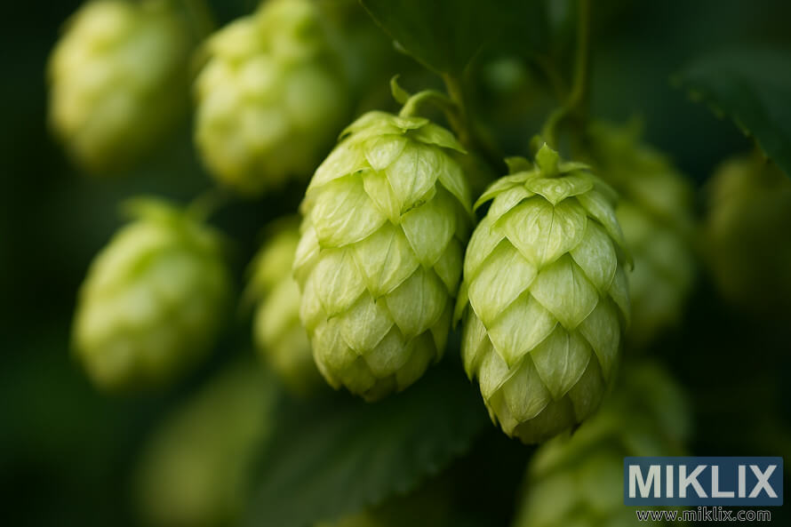 Mataas na resolution na close-up ng maputlang berdeng Outeniqua hop cone na kumikinang sa hamog, na napapalibutan ng malabong mga dahon.