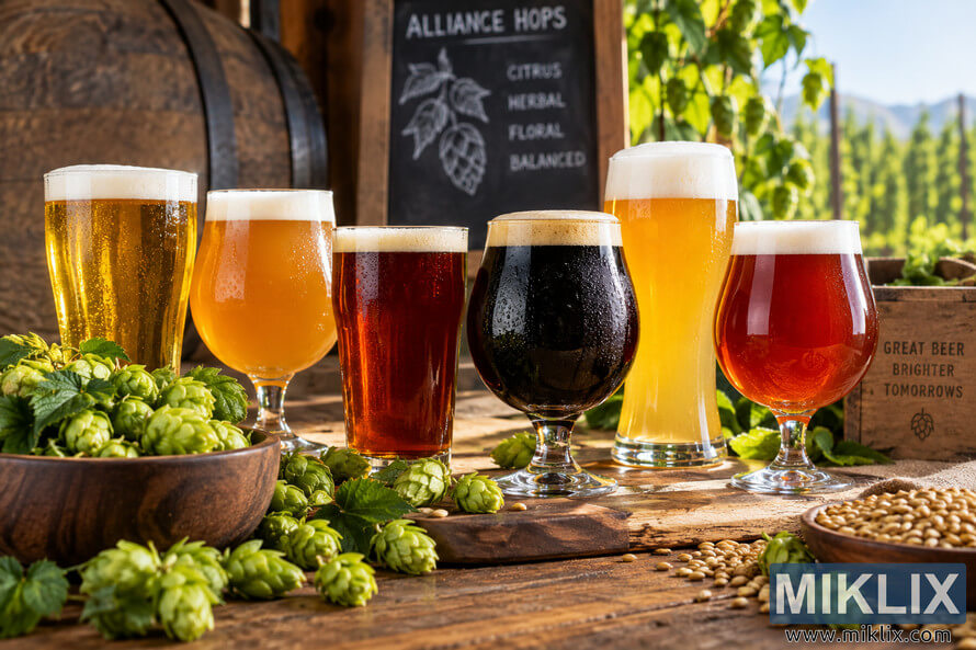 Six varied beer styles, ranging from pale golden and hazy beer to amber, red and dark beer, displayed on a rustic wooden table with fresh green hop cones, brewing grain, a wooden barrel and a sunlit hop field in the background. Six varied beer styles, ranging from pale golden and hazy beer to amber, red and dark beer, displayed on a rustic wooden table with fresh green hop cones, brewing grain, a wooden barrel and a sunlit hop field in the background.