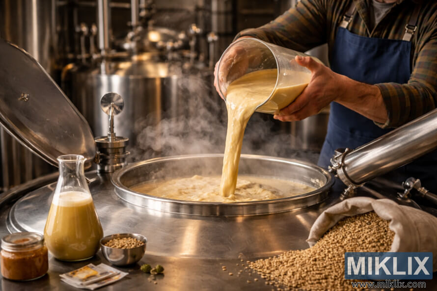Brewer gently pouring yeast into a stainless steel fermentation tank in a calm, professional brewing environment.